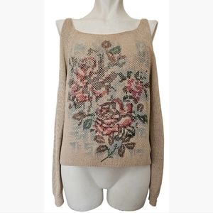 Zio Floral Pattern Biege with Gold thread, Open shoulders Sweater Size L